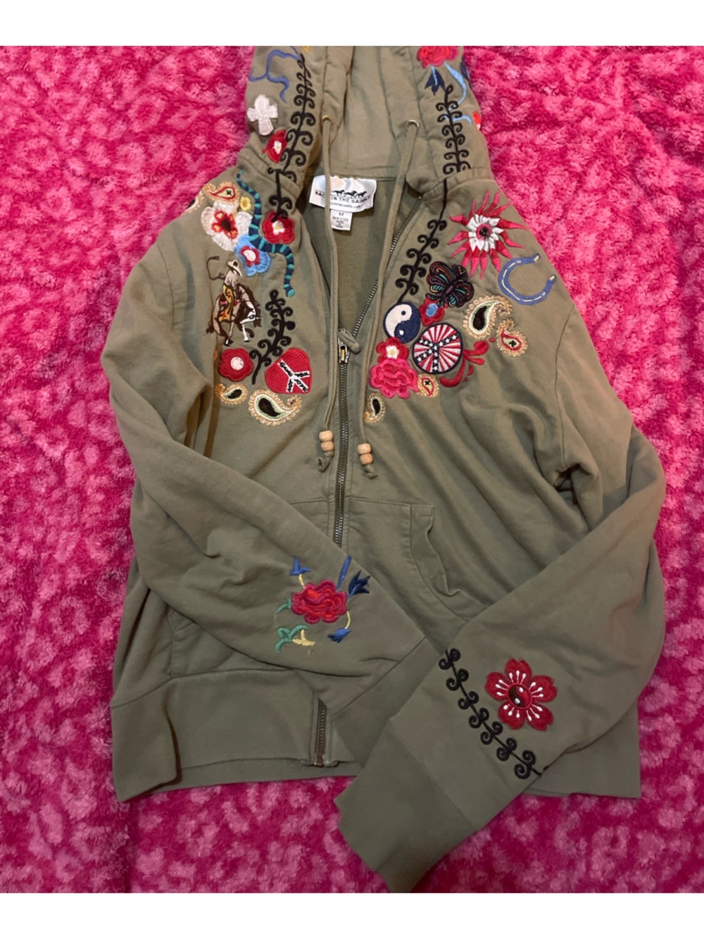 Green boho Hoodie with Floral Embroidery